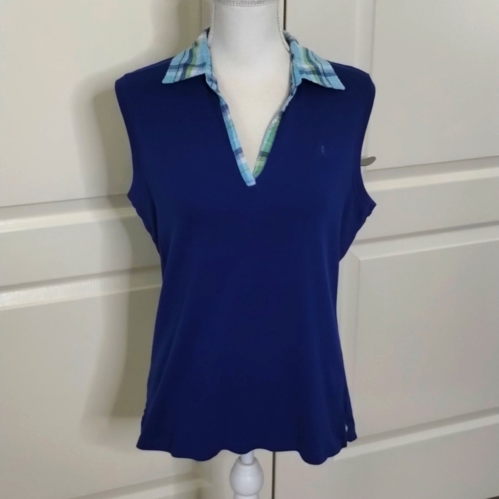 IZOD royal blue with plaid color sleeveless size large top v-neckline logo